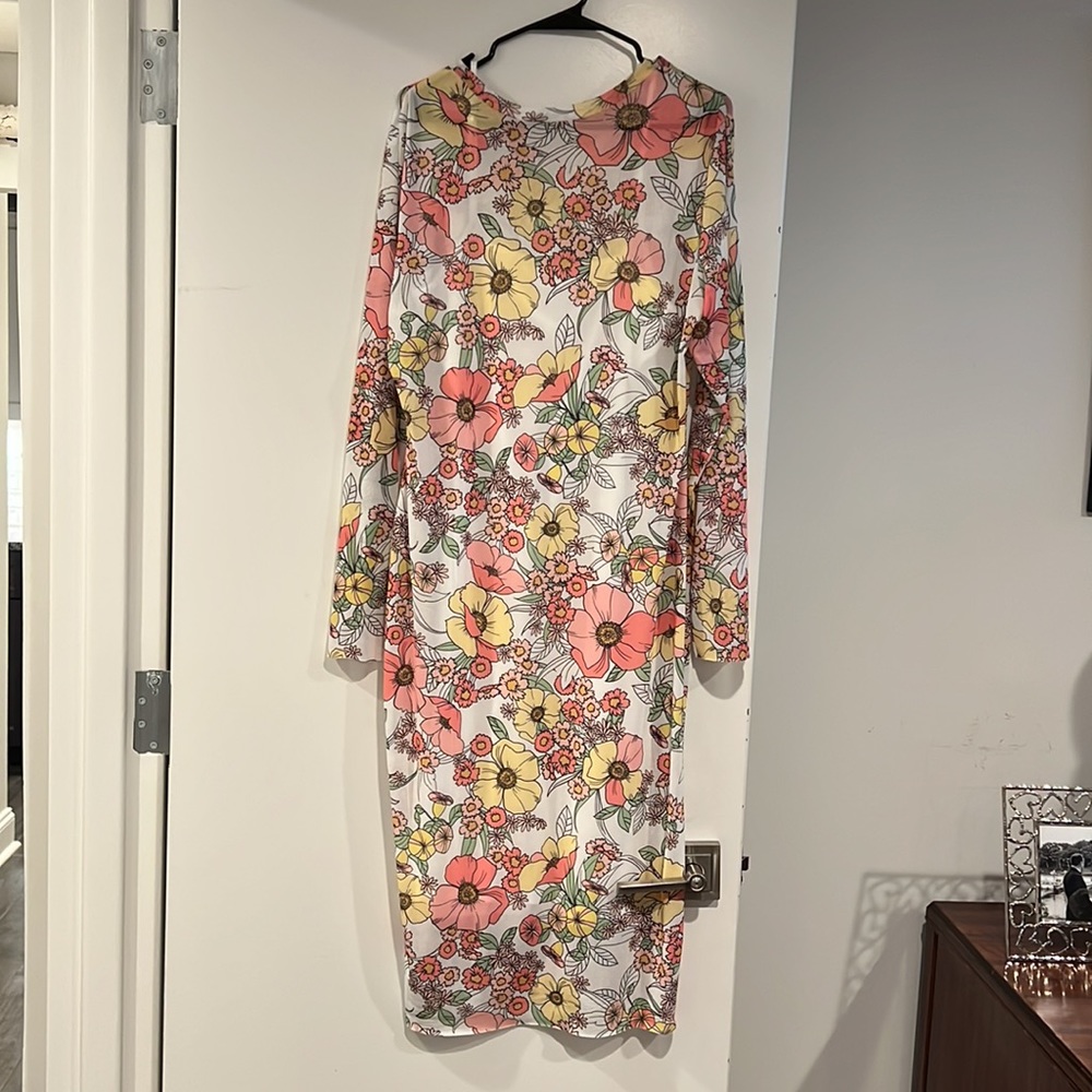 AFRM Floral Long Sleeve Mesh Midi Dress White Vintage Pink Yellow Flowers